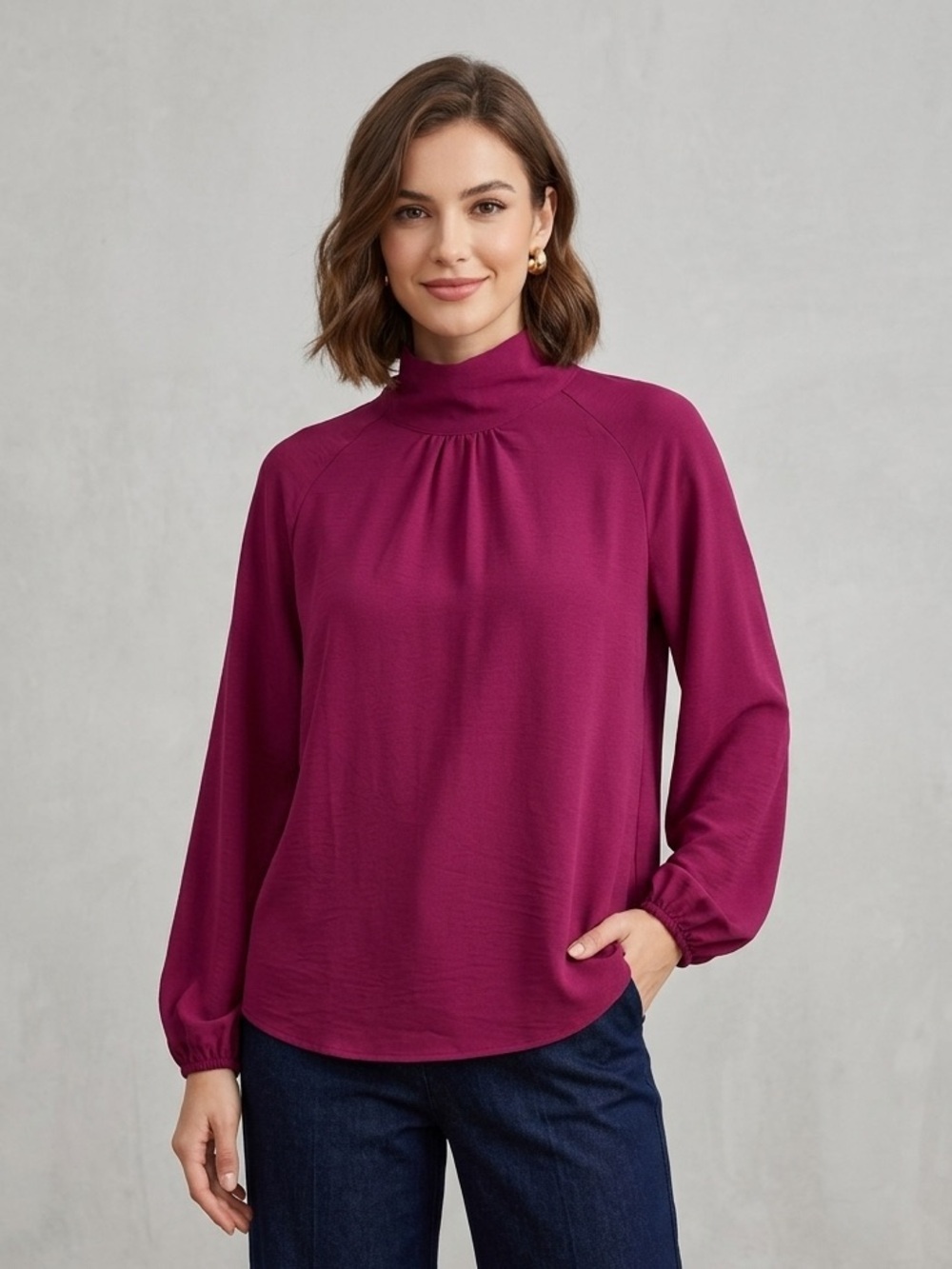 EVEREVE Magenta Mock Neck Pleated Long Sleeve Blouse Satin Feel Size L